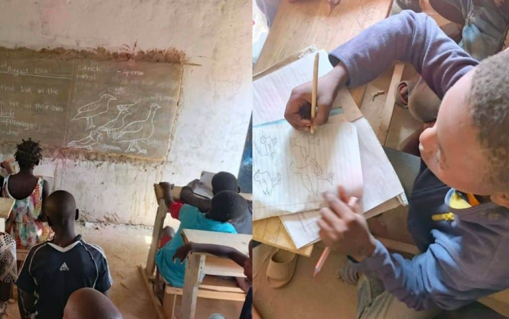 Lærer ved tavlen og elev, der tegner, på skolen i Nakivale